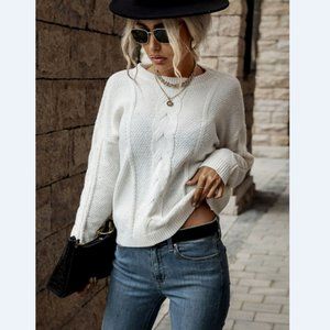 Dropped Shoulder Round Neck Cable-Knit Sweater